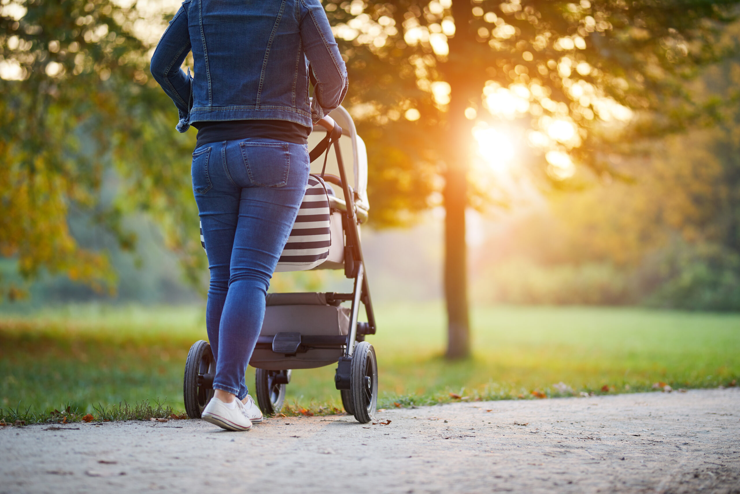 Woman with baby stroller walks in the autumn park at sunset