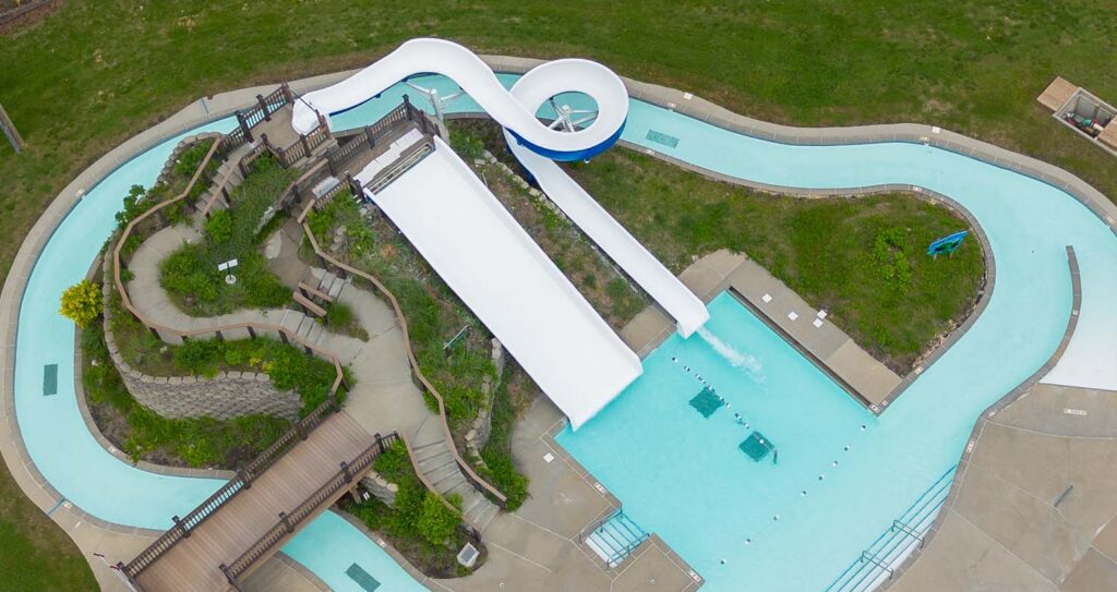 An aerial image of the Lazy River at the Pittsburg Aquatic Center in Pittsburg, Kansas.