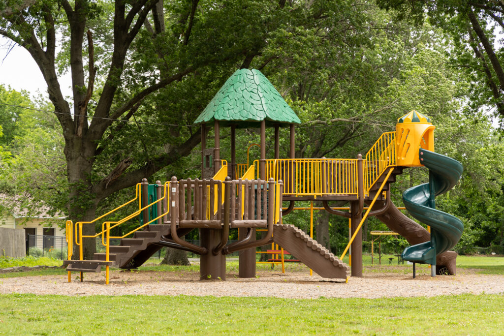Playground equipment at Deramus Park in Pittsburg, KS.