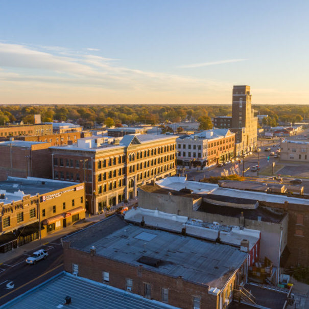 Drone image above Pittsburg, Kansas downtown area.