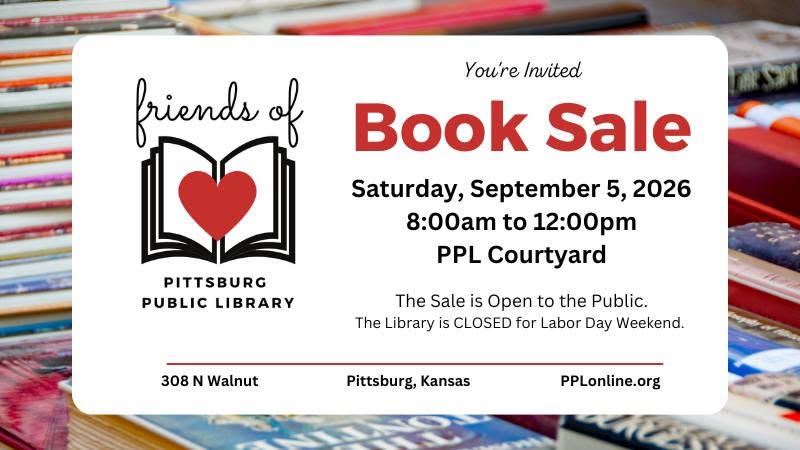 A graphic for the Pittsburg Public Library Book Sale in Pittsburg, Kansas.