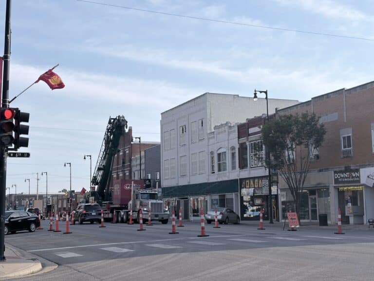 Downtown Pittsburg temporary traffic change for project that needs crane.